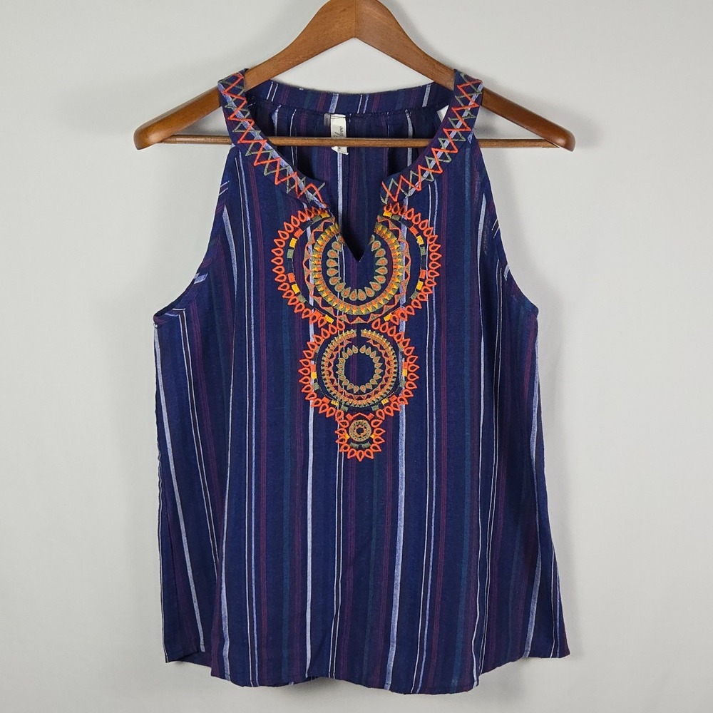 L Love Womens Tank Top M Embroidered Boho Stripe V-Neck Blue Cotton Festival
